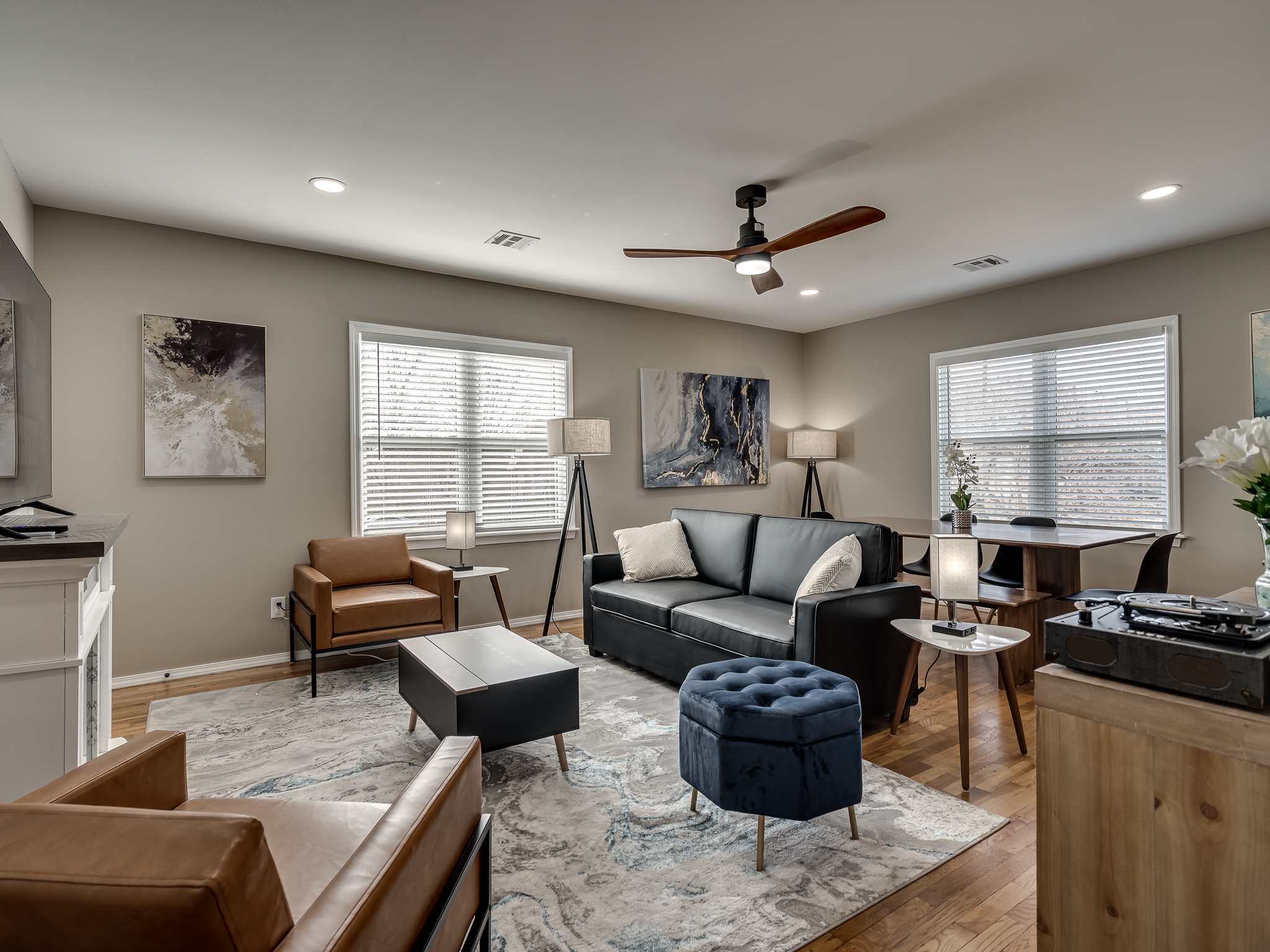 Altitude Loft living room with sofa, smart TV and electric fireplace