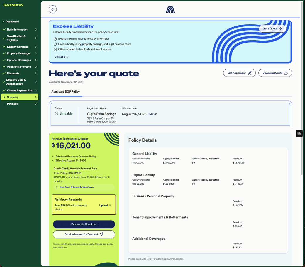 The redesigned Quote Summary page in the Rainbow Agent Portal
