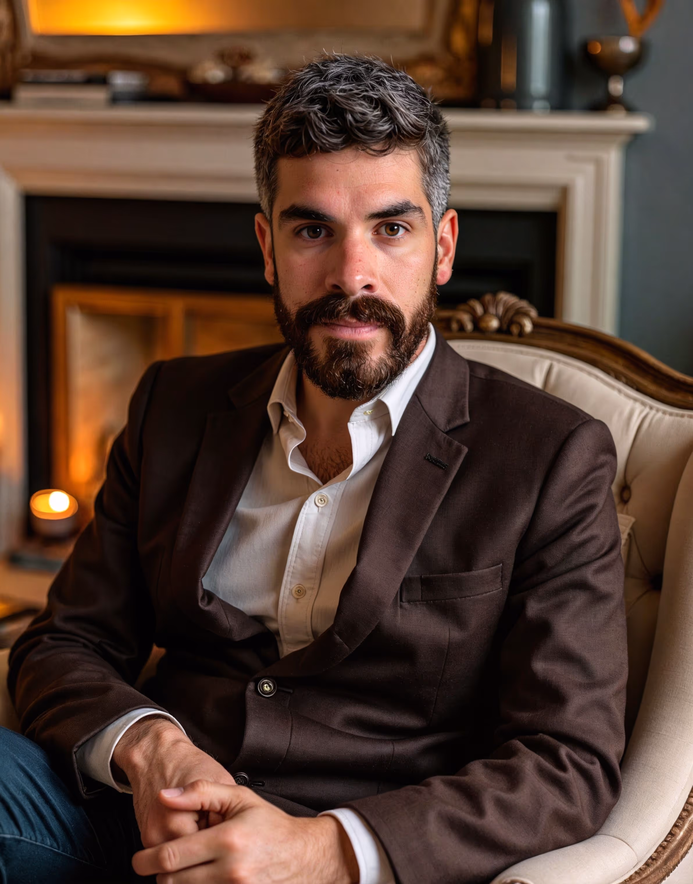 A man sitting in a chair in front of a fireplace