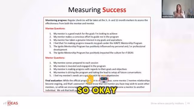 Mentoring progress evaluation slide with "Measuring Success" header