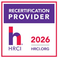 HRCI Recertification Provider badge with the year 2026 and the website HRCI.org.