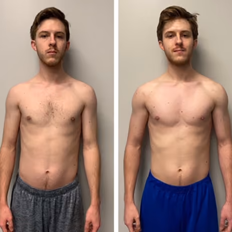 Side-by-side images of a shirtless young man showing before and after body transformation.