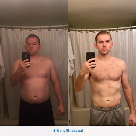 Side-by-side mirror selfies of a man showing weight loss and muscle gain transformation.