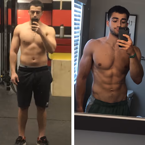 Side-by-side photos of a shirtless man showing his fitness progress with more muscle definition on the right.