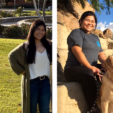 Two smiling women outdoors; one stands on grass, the other sits on rock holding a dog leash.