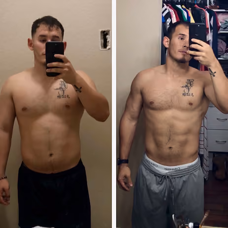 Side-by-side mirror selfies showing a man's fitness transformation with more muscle definition on the right.