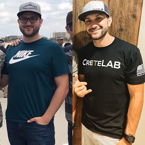 Two men wearing caps and branded T-shirts smiling, one with Nike and one with CRETELAB logos.