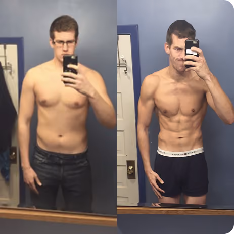 Side-by-side mirror selfies showing a man's body transformation from bulky to lean and muscular.