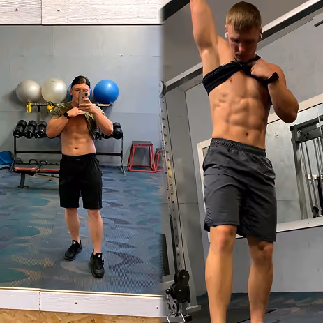 Man in gym showing defined abs, one side mirror selfie and one lifting shirt.