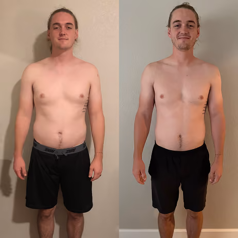 Side-by-side photos of a shirtless man in black shorts showing before and after body transformation.