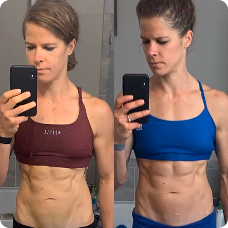 Side-by-side photos of a fit woman taking mirror selfies wearing a burgundy top and a blue top.