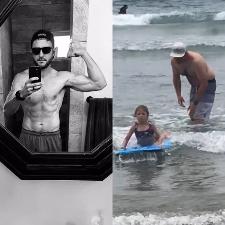 Left: shirtless man flexes arm in mirror selfie. Right: child on boogie board near man in shallow ocean waves.