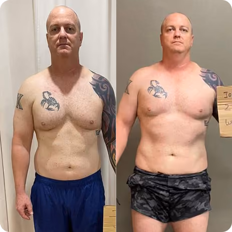Before and after photos of a man showing increased muscle mass and definition in the after image.