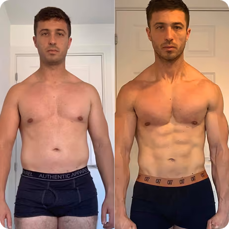 Side-by-side photos of a man before and after muscle gain and fat loss transformation.