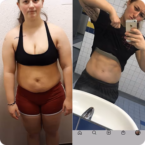 Side-by-side photo showing a woman before and after weight loss with slimmer waist and toned abs.