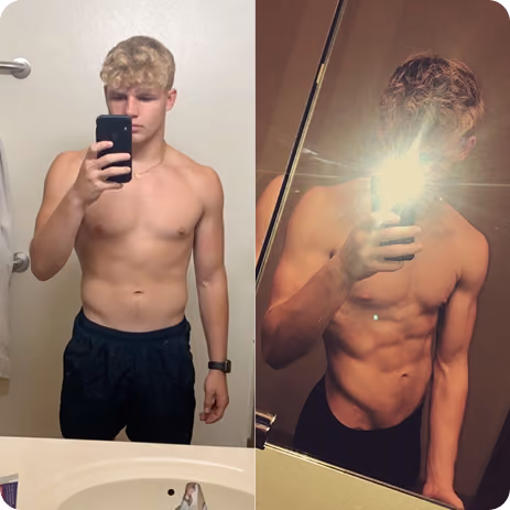 Side-by-side shirtless mirror selfies of a young man showing his body transformation.