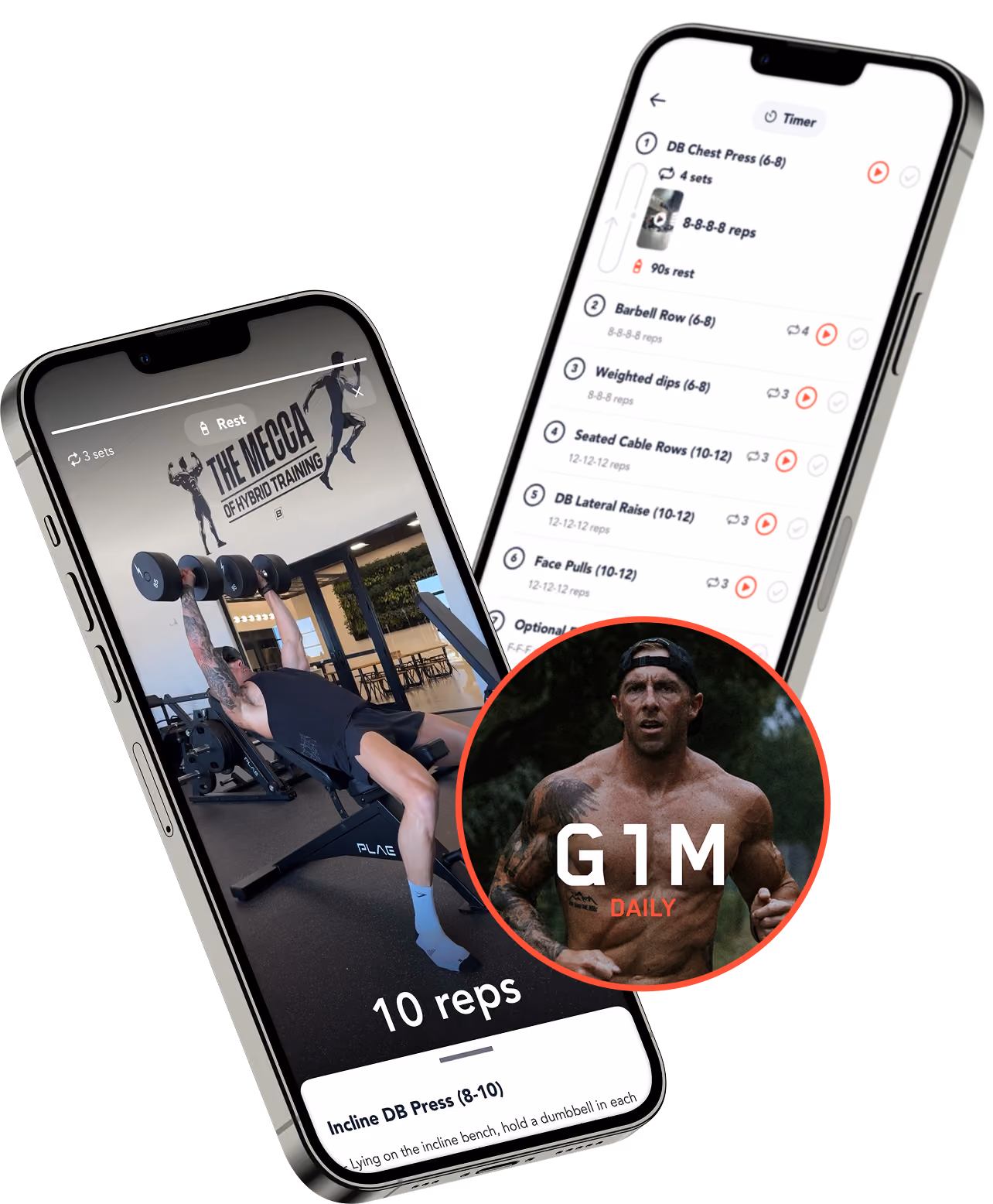 Two phones showing workout app screens: a man doing incline dumbbell press and a workout exercise list.