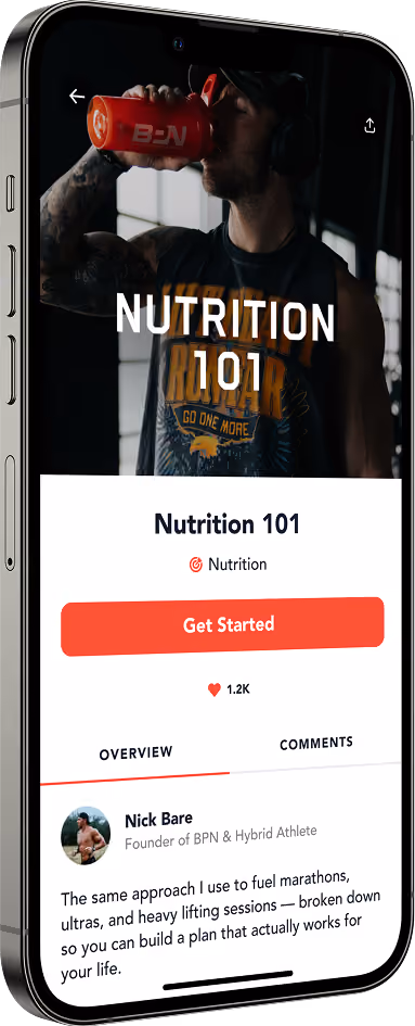 Phone screen showing Nutrition 101 course by Nick Bare with a Get Started button and course overview.