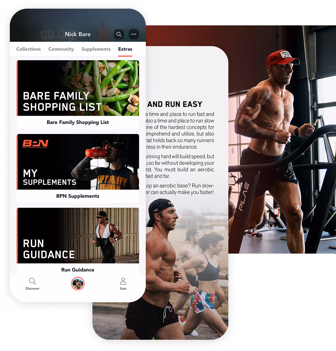 App screen showing running programs and a muscular man running on a treadmill in a gym.