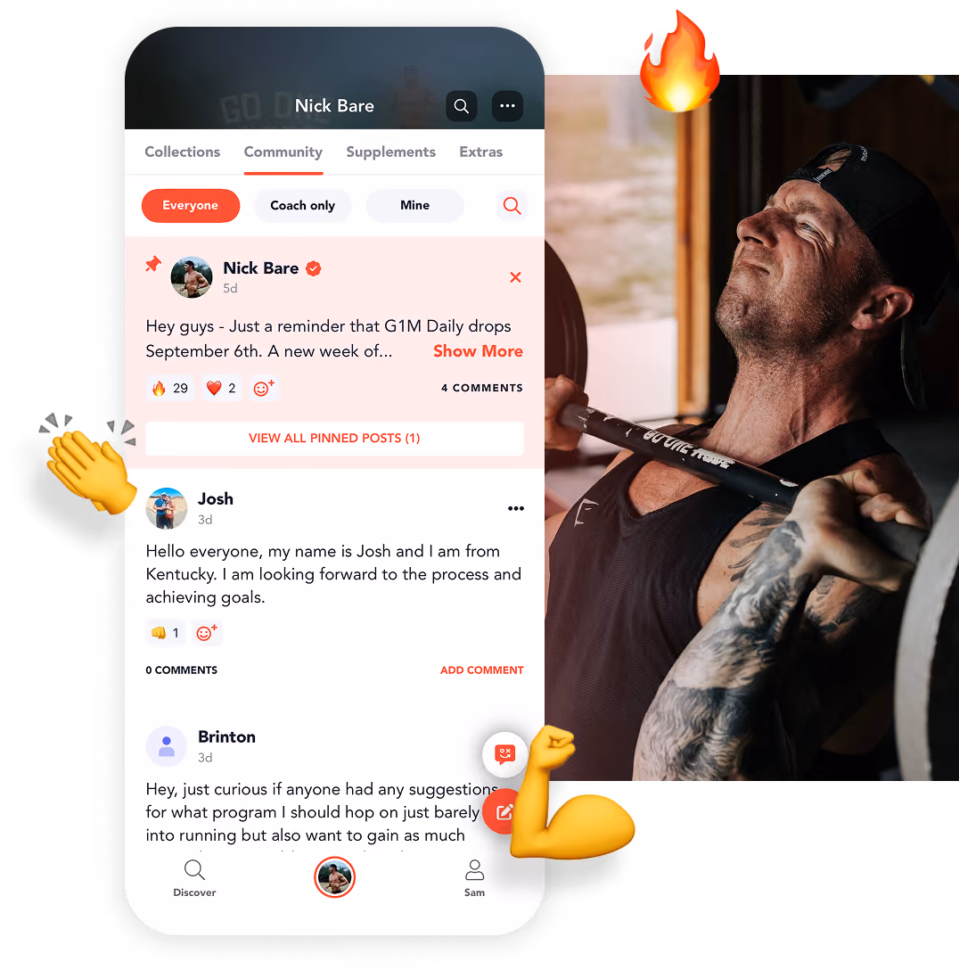 Man lifting heavy barbell with effort next to a phone screen showing a fitness community app post.