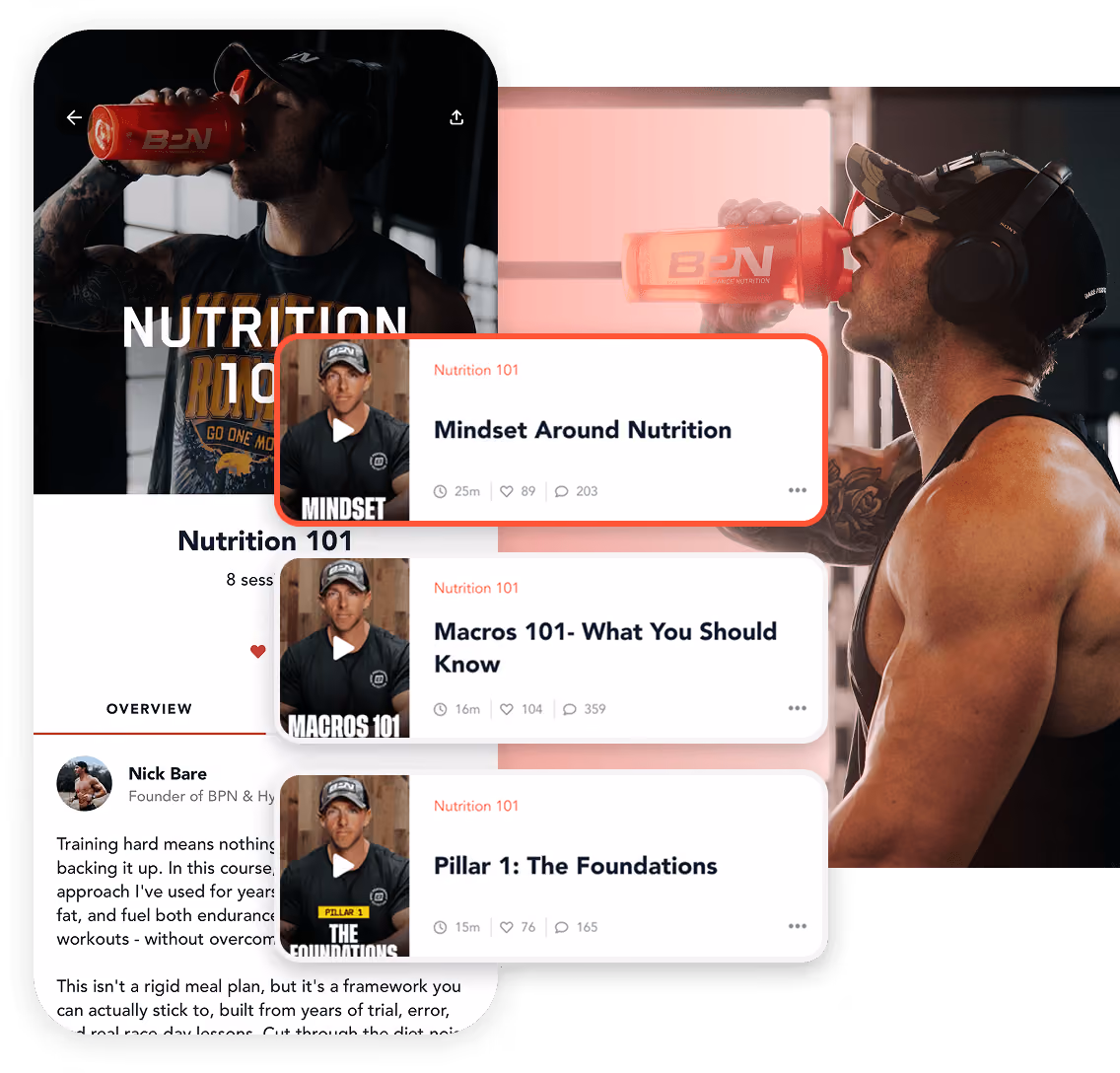 Muscular man drinking from a BPN shaker beside screens showing nutrition course lessons and info.