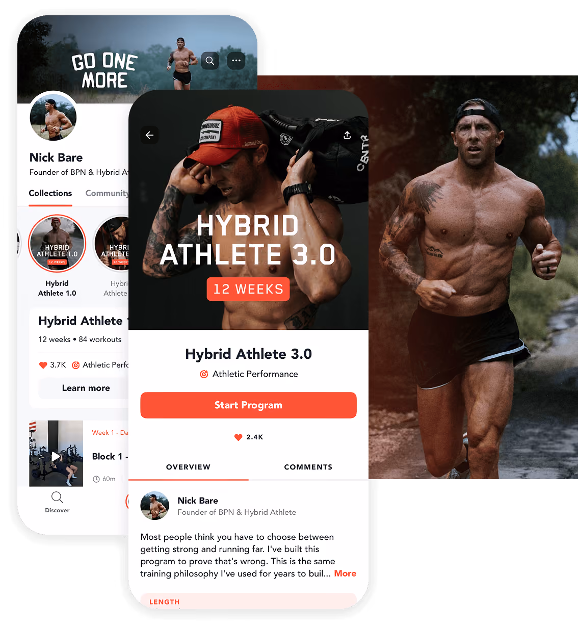 Muscular man running outdoors and app screens showing Hybrid Athlete 3.0 training program info.