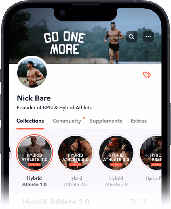 Mobile app profile of Nick Bare, founder of BPN and Hybrid Athlete, showing workout collections.
