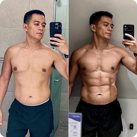 Side-by-side shirtless mirror selfies of a young man showing his body transformation.