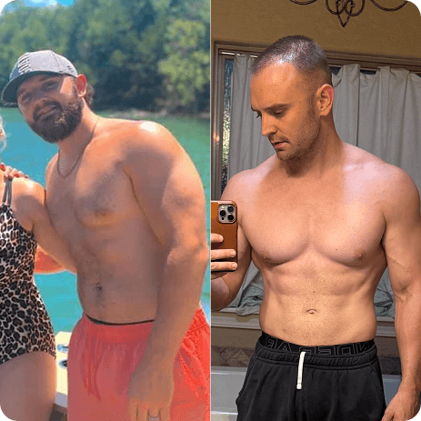 Side-by-side shirtless mirror selfies of a young man showing his body transformation.