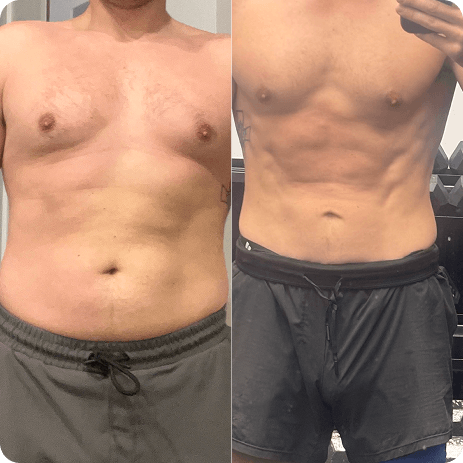 Side-by-side shirtless mirror selfies of a young man showing his body transformation.