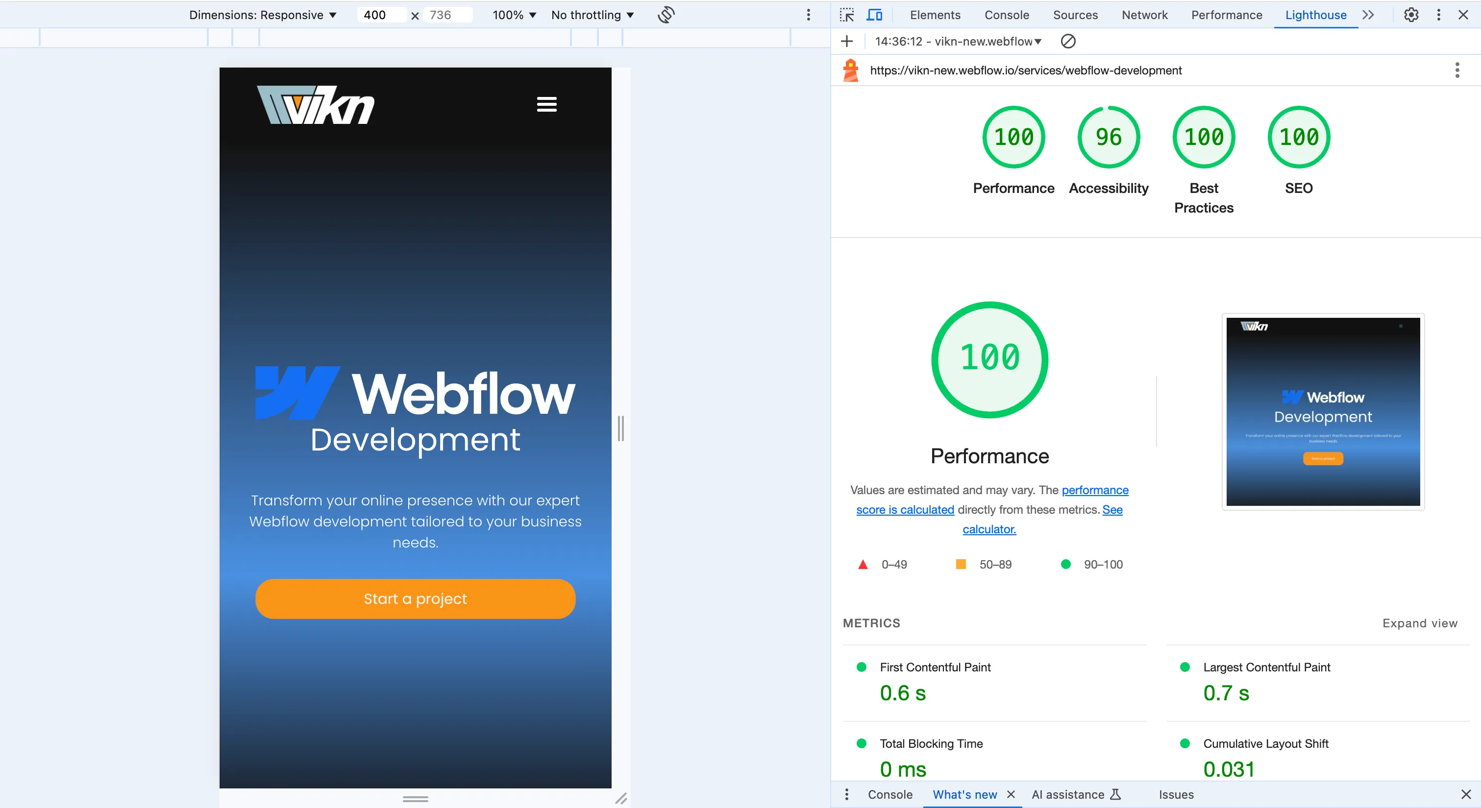 A screenshot showing google lighthouse scores