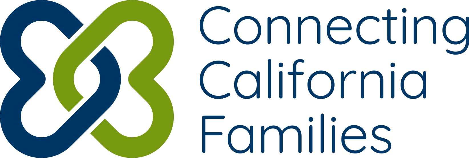 Logo with two interlocking shapes in blue and green, next to the text 'Connecting California Families'.