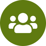 Icon with three white user silhouettes on an olive green circular background.