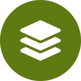 White layered stack icon on an olive green circular background.