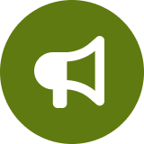 White megaphone icon on a green circular background.
