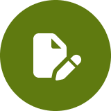 White document icon with pencil on a green circular background.