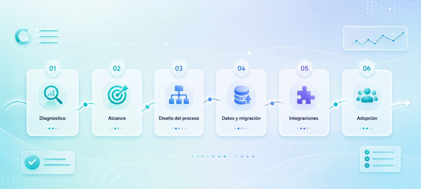 Fases principales de una implementación de CRM: diagnóstico, alcance, diseño, datos, integraciones y adopción.