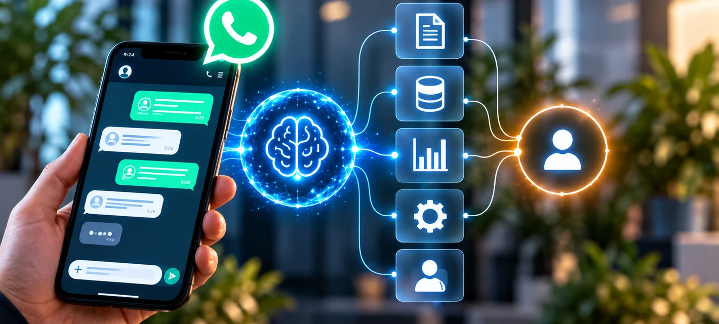 Agente de IA conectado con WhatsApp, conocimiento, datos y sistemas empresariales.