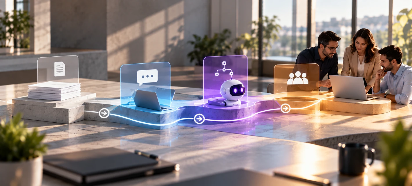 Arquitectura híbrida de automatización que conecta procesos, inteligencia artificial y participación humana.