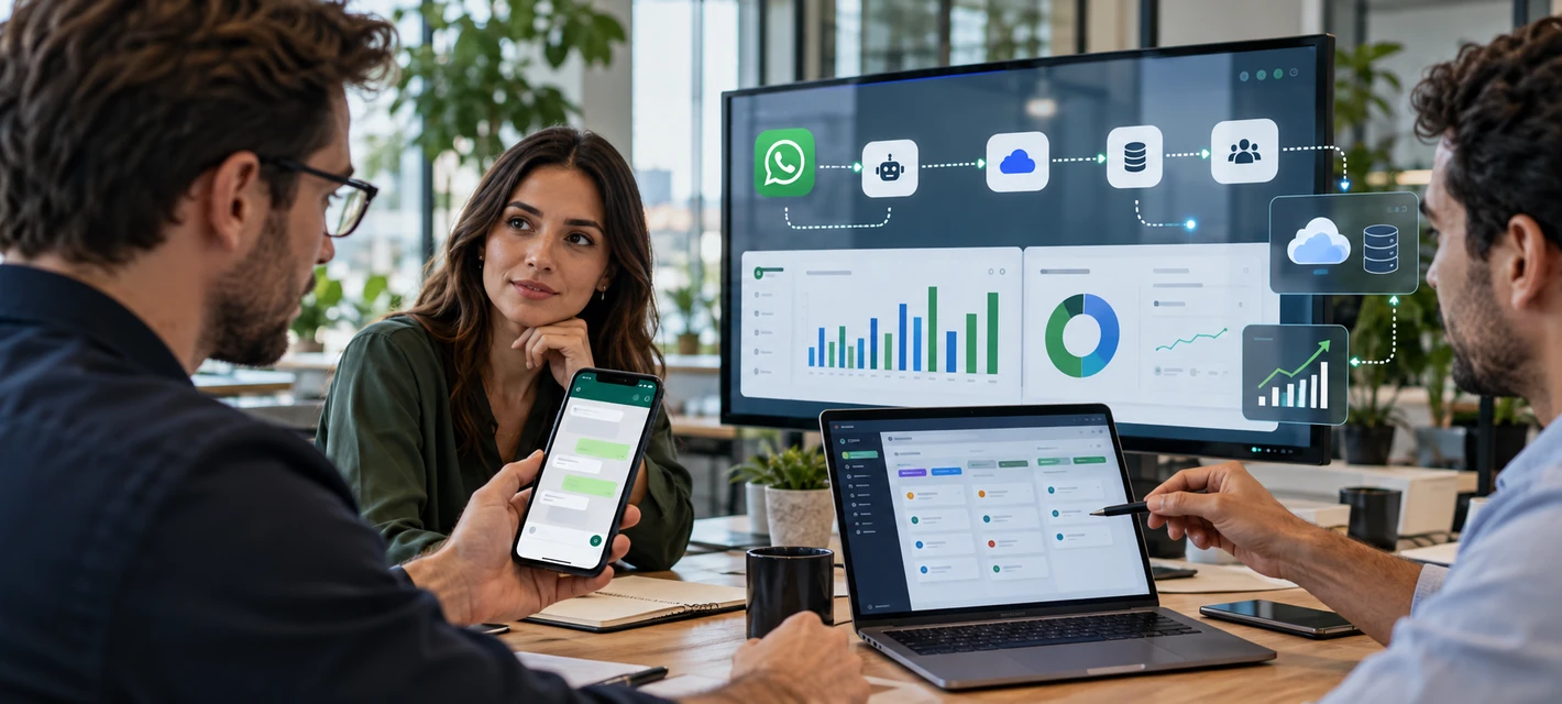 Equipo revisando una operación de WhatsApp conectada con automatización, CRM, integraciones y analítica.
