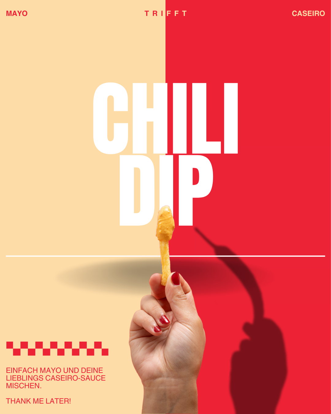 Eine Hand mit einer Pommes und Chili-Caseiro-Dip fotografier von Mäx Känzig