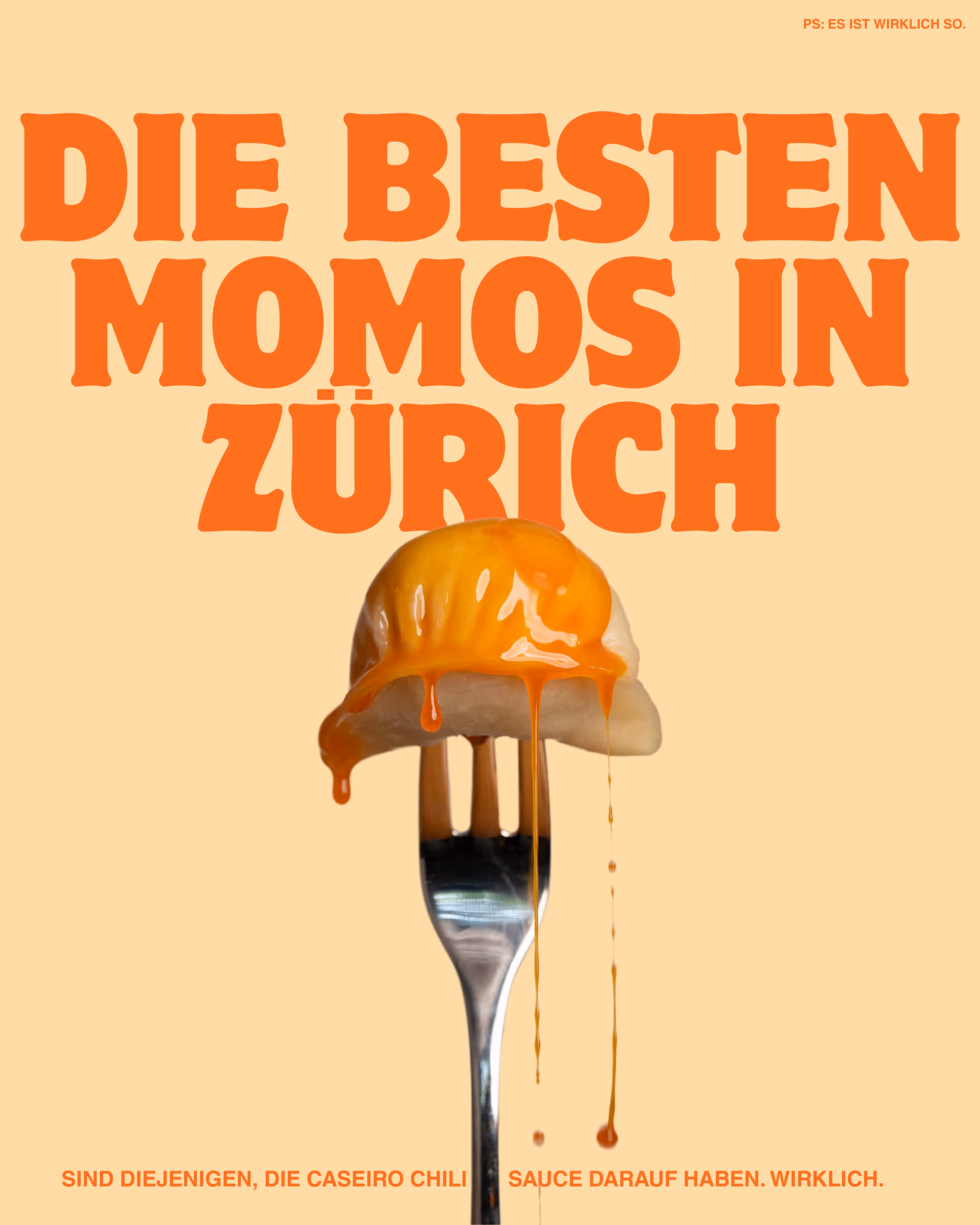 Ein Momo fotografiert von allkind Mäx Känzig, mit Caseiro Chili-Sauce