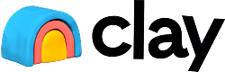 Logo with a colorful clay arch in blue, red, and yellow next to the word 'clay' in black lowercase letters.
