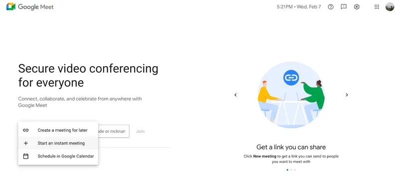 A screenshot of Google Meet’s homepage.