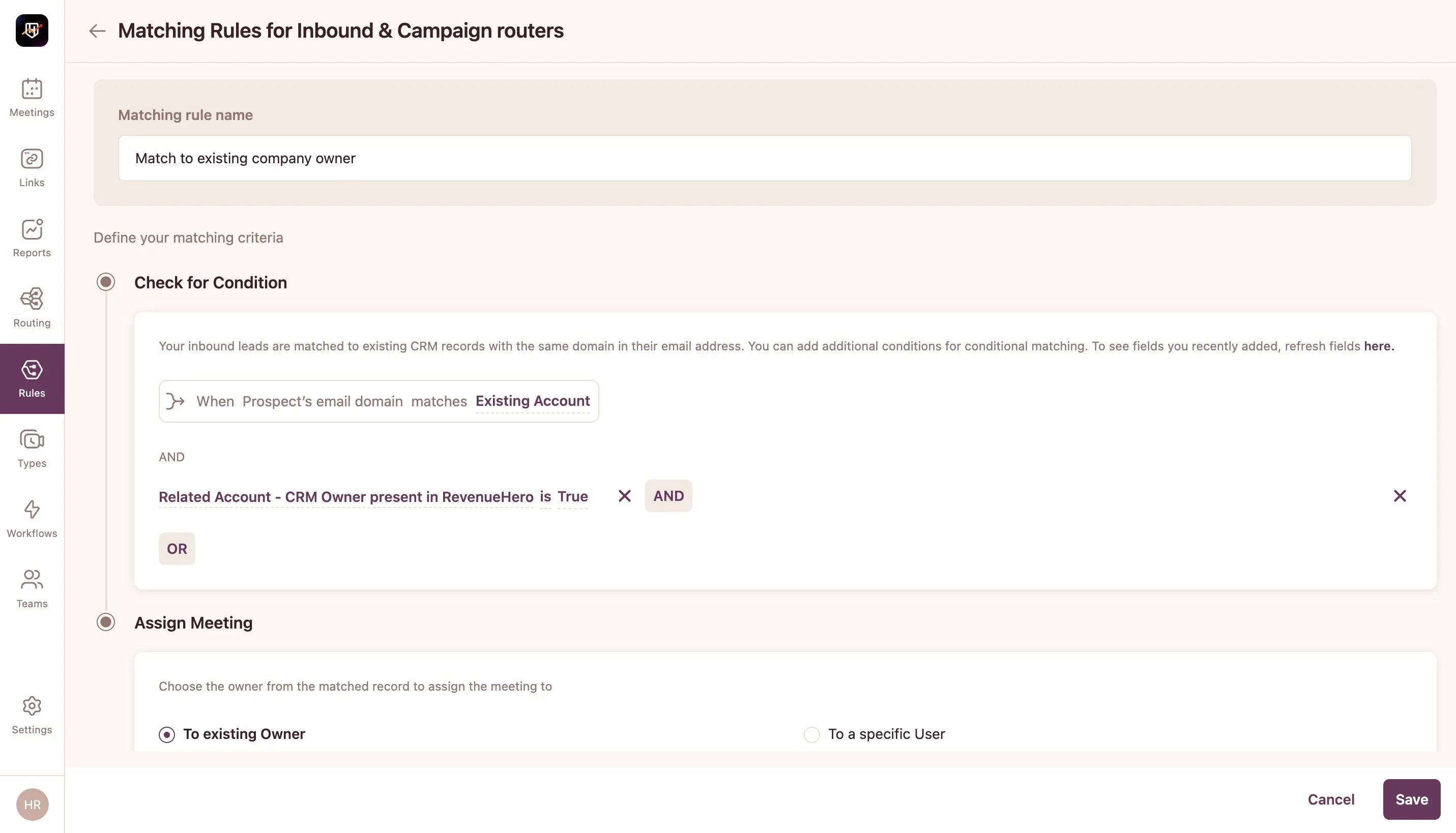 Set up matching rules in RevenueHero