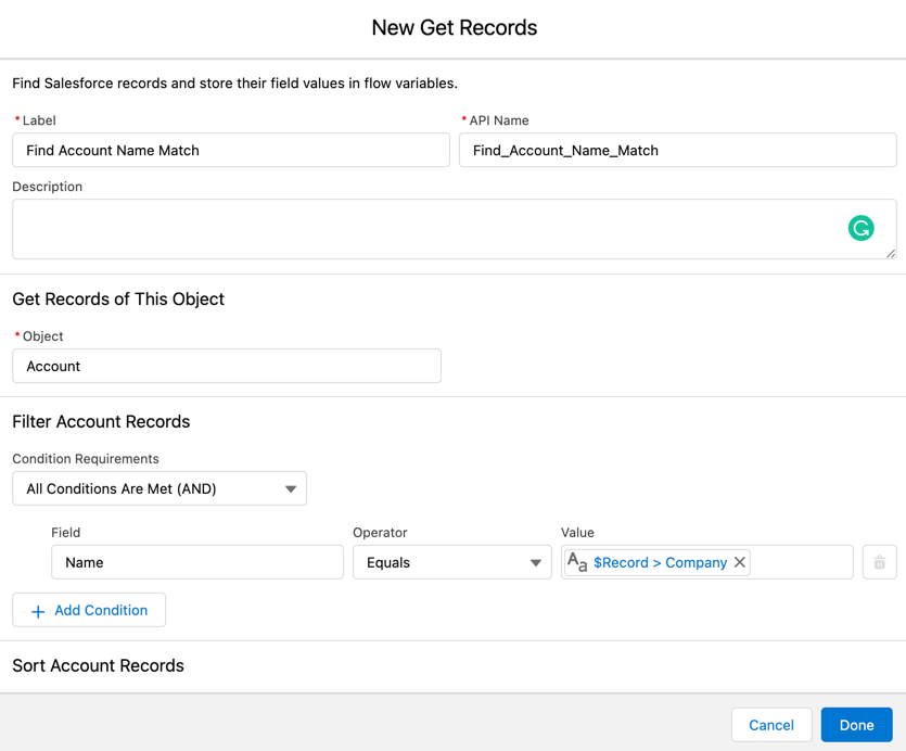 Get Salesforce record to check Company for lead to account matching