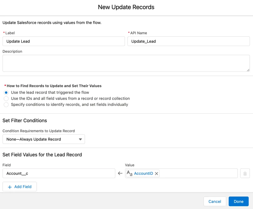 Update Salesforce record using AccountID for lead to account matching