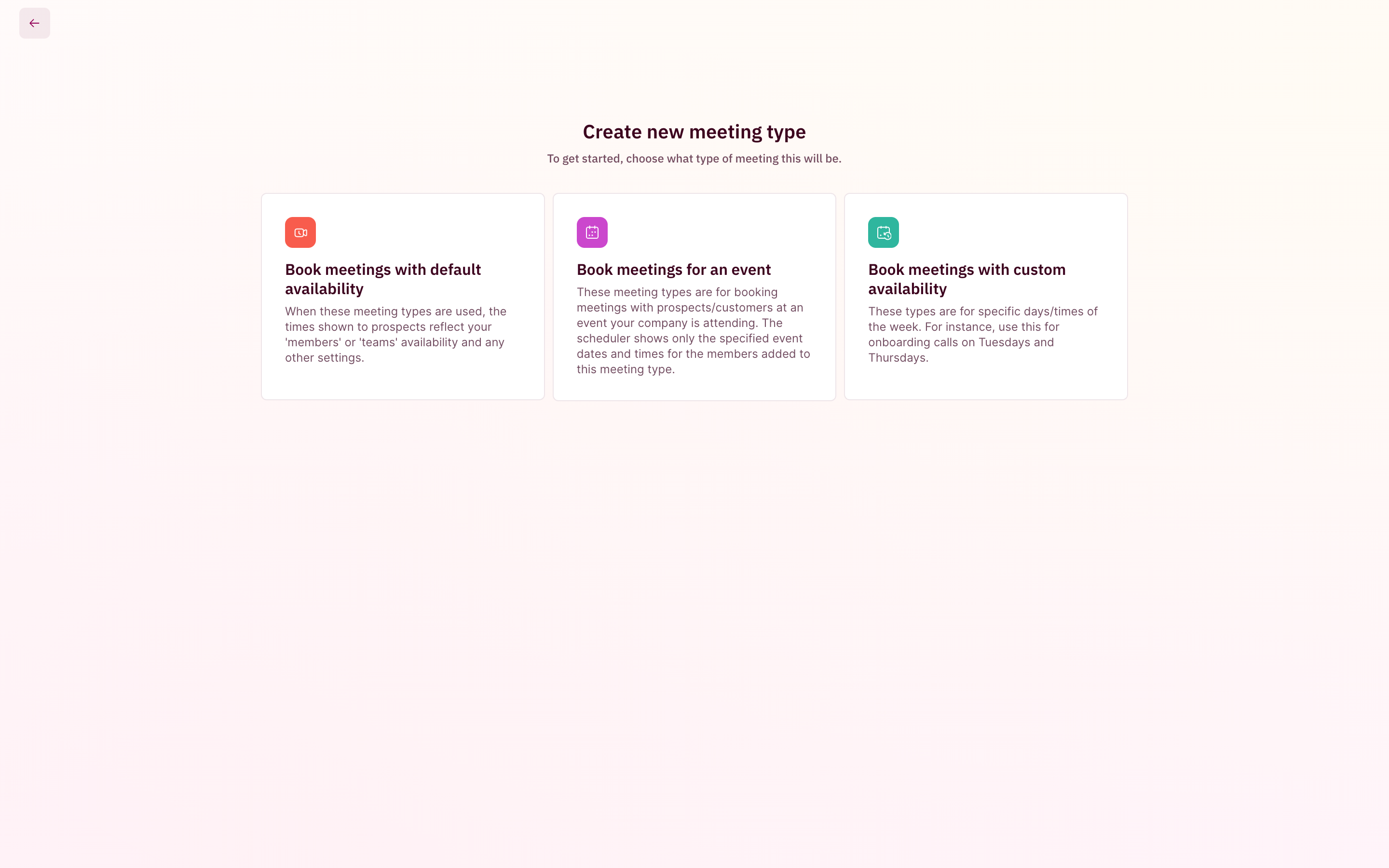 Create new meeting type with three options: default availability, event, and custom availability