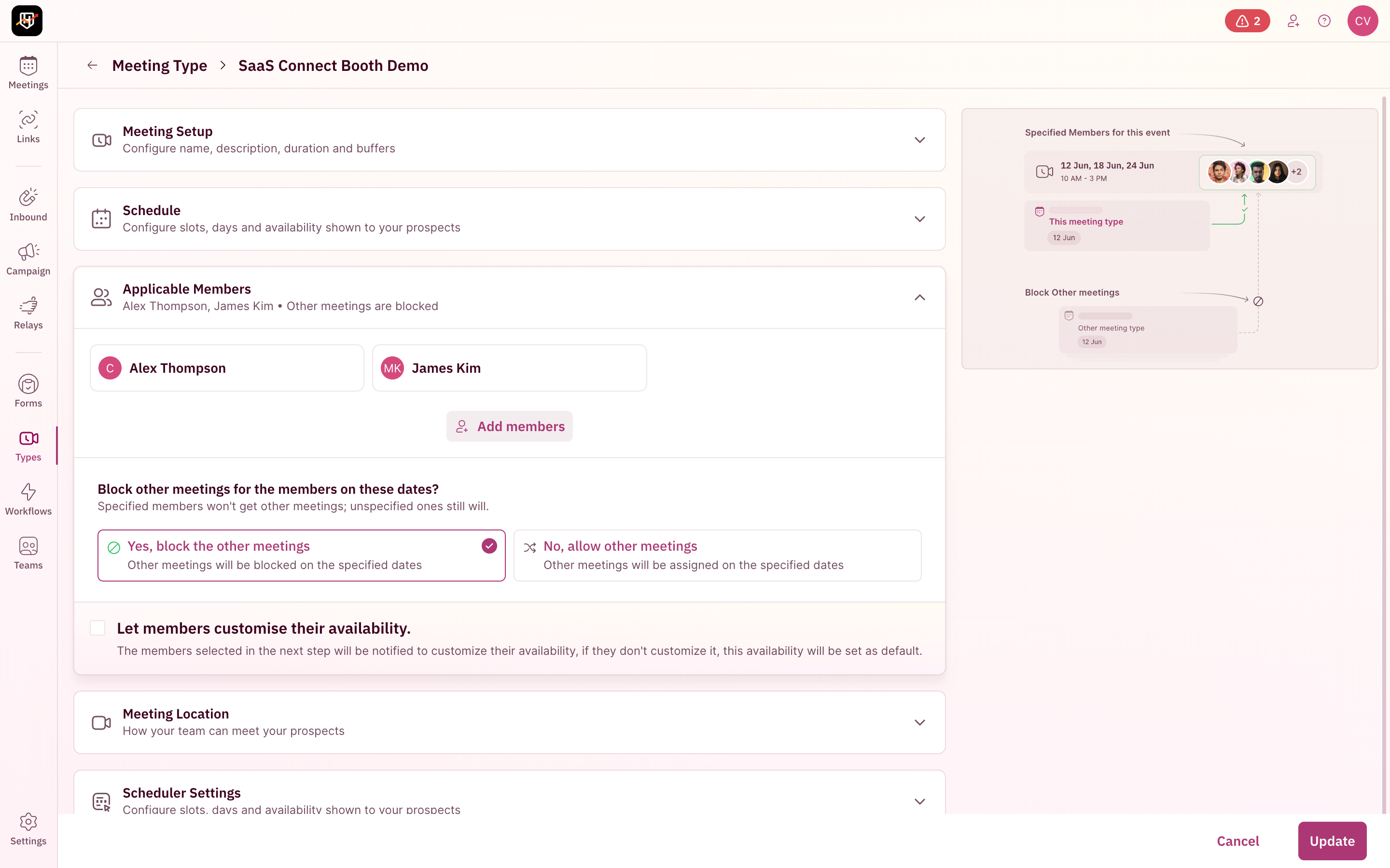 Applicable Members section showing assigned reps and meeting blocking options