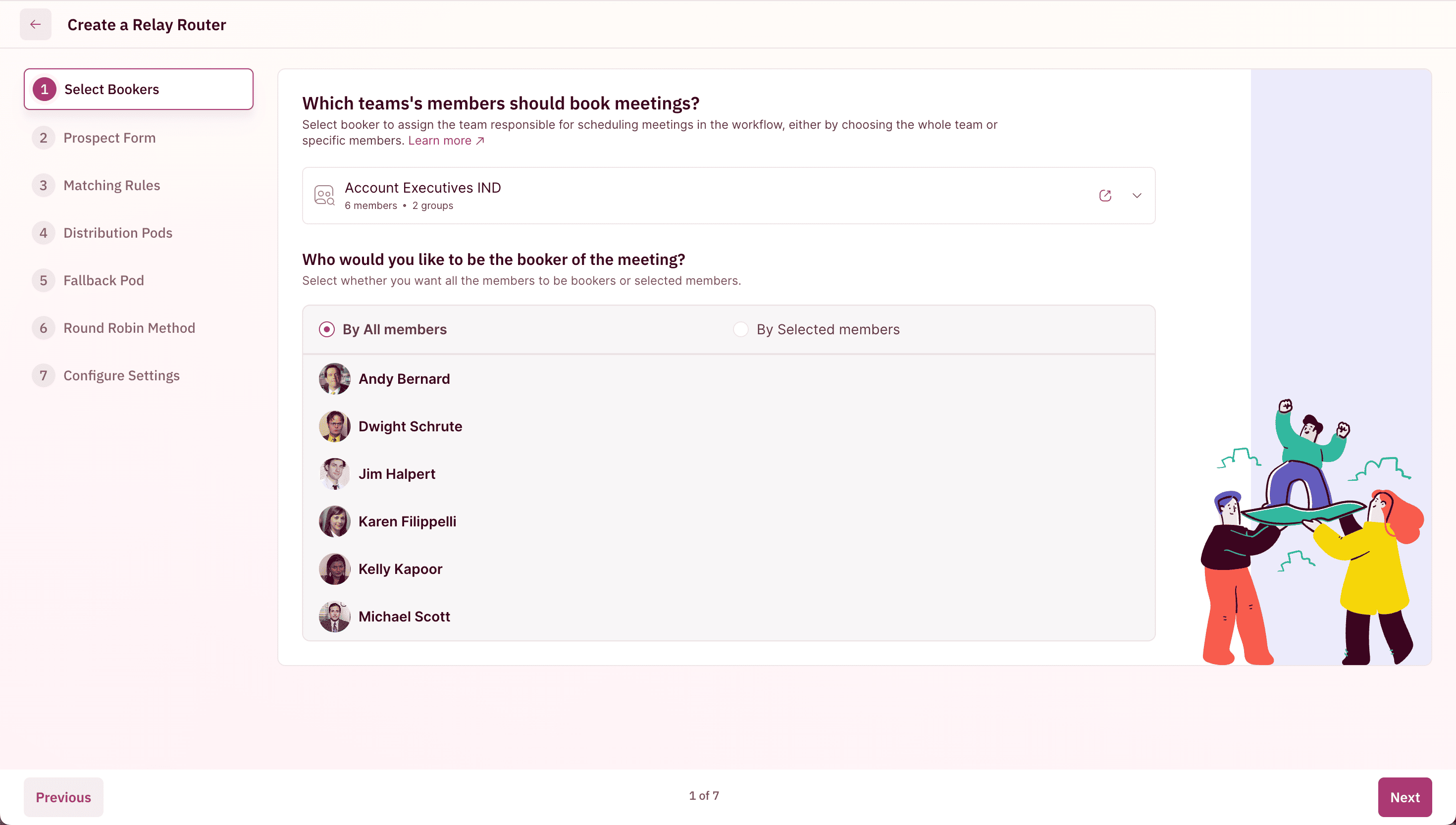Relay creation flow showing setup steps: naming the relay, selecting the booker team (SDRs), receiver team (AEs), CRM matching rules, distribution rules, and booking page configuration